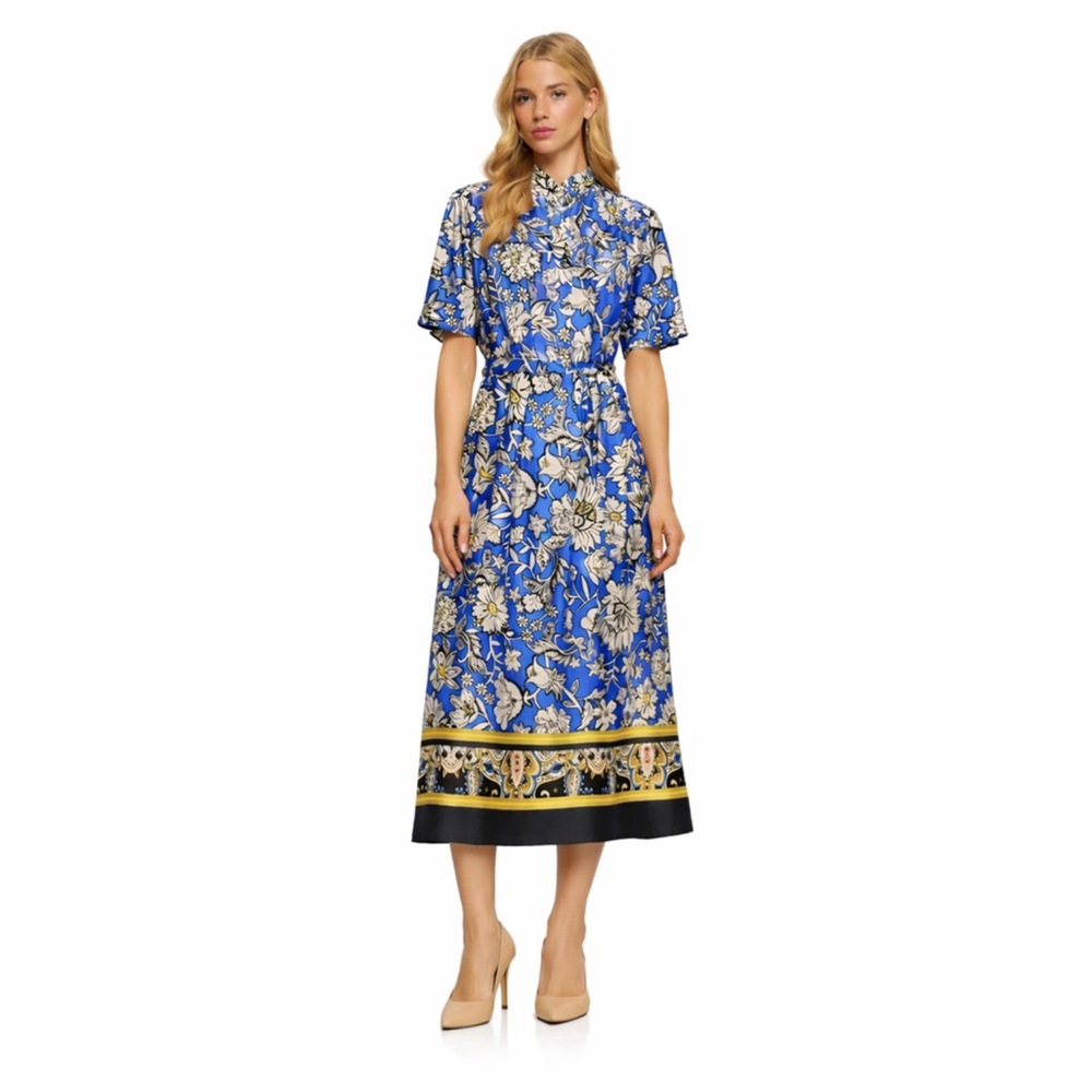 River Island Blue Floral Belted Midi Shirt Dress Size 6